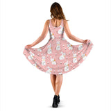 Cute White Rabbit Flower Pink Background Sleeveless Midi Dress