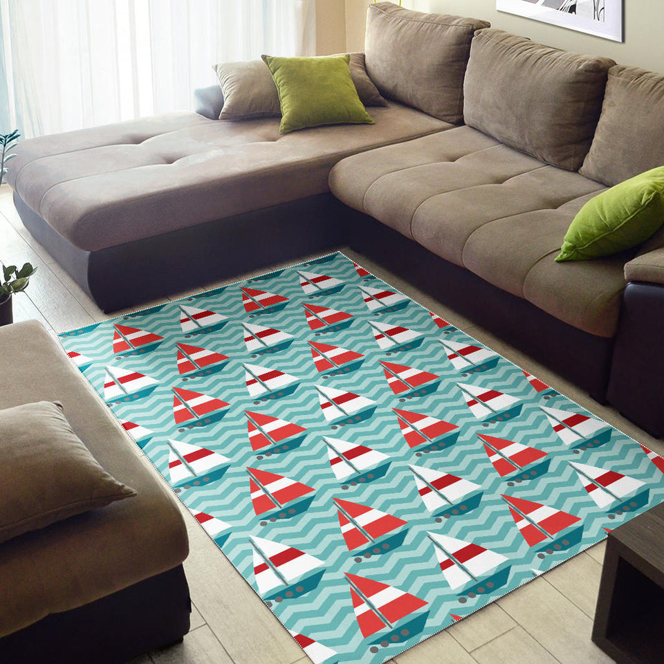 Red White Sailboat Wave Background Area Rug