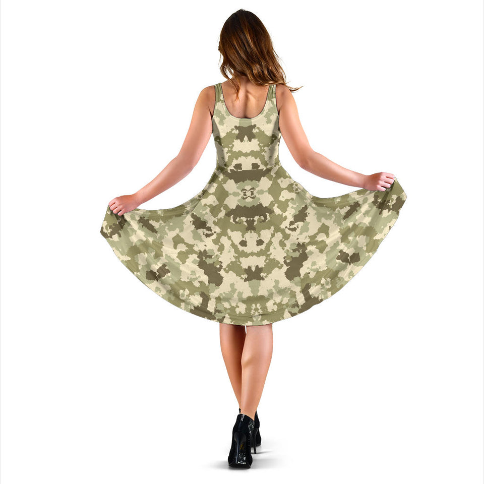 Light Green Camo Camouflage Pattern Sleeveless Midi Dress