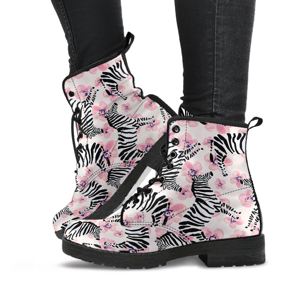 Zebra Pink Flower Background Leather Boots
