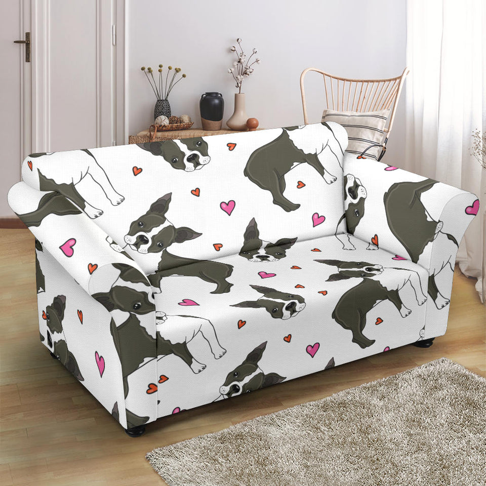 Boston Terrier Dog Hearts Vector Pattern Loveseat Couch Slipcover