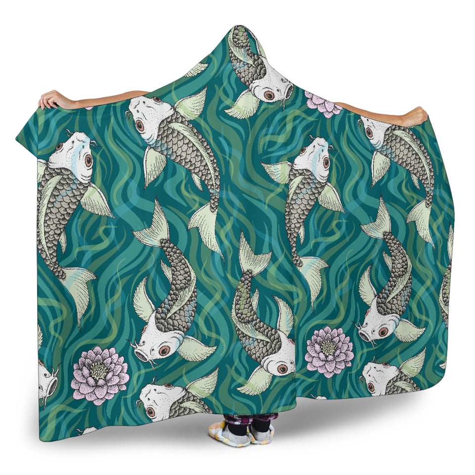 Koi Fish Carp Fish Lotus Pattern Hooded Blanket
