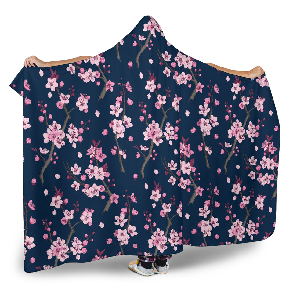 Pink Sakura Cherry Blossom Blue Background Hooded Blanket