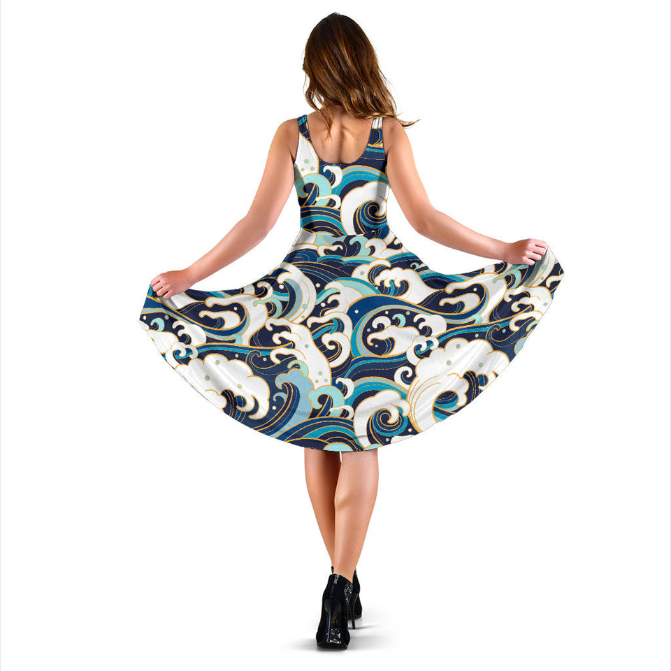 Japanese Wave Pattern Sleeveless Midi Dress