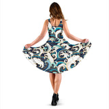 Japanese Wave Pattern Sleeveless Midi Dress