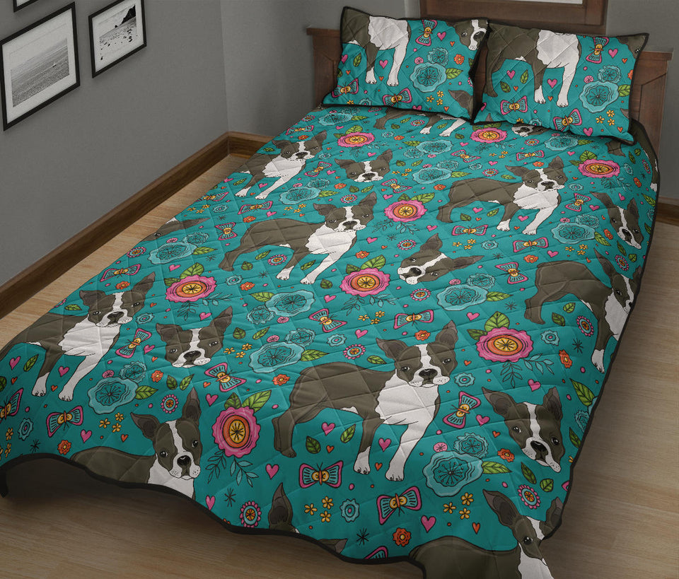 Boston terrier beautiful flower pattern Quilt Bed Set