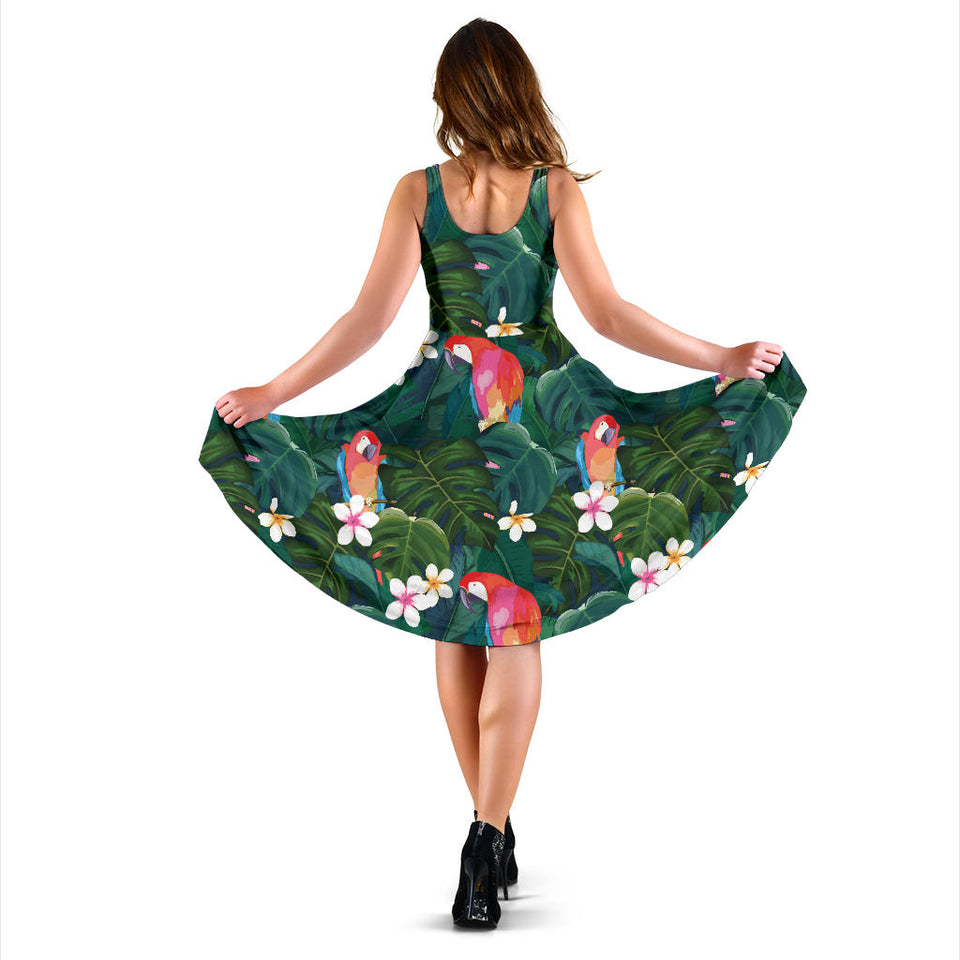 Parrot Palm Tree Leaves Flower Hibiscus Pattern Sleeveless Midi Dress