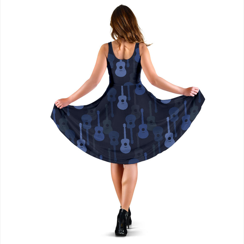 Blue Theme Guitar Pattern Sleeveless Midi Dress