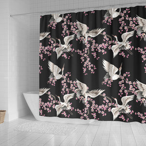 Japanese Crane Pink Sakura Pattern Shower Curtain Fulfilled In US