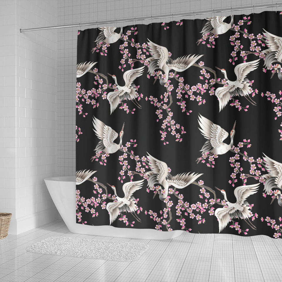 Japanese Crane Pink Sakura Pattern Shower Curtain Fulfilled In US