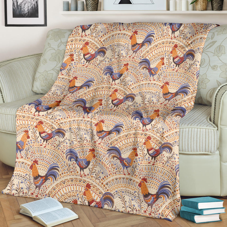 Cute Rooster Chicken Cock Floral Ornament Background Premium Blanket
