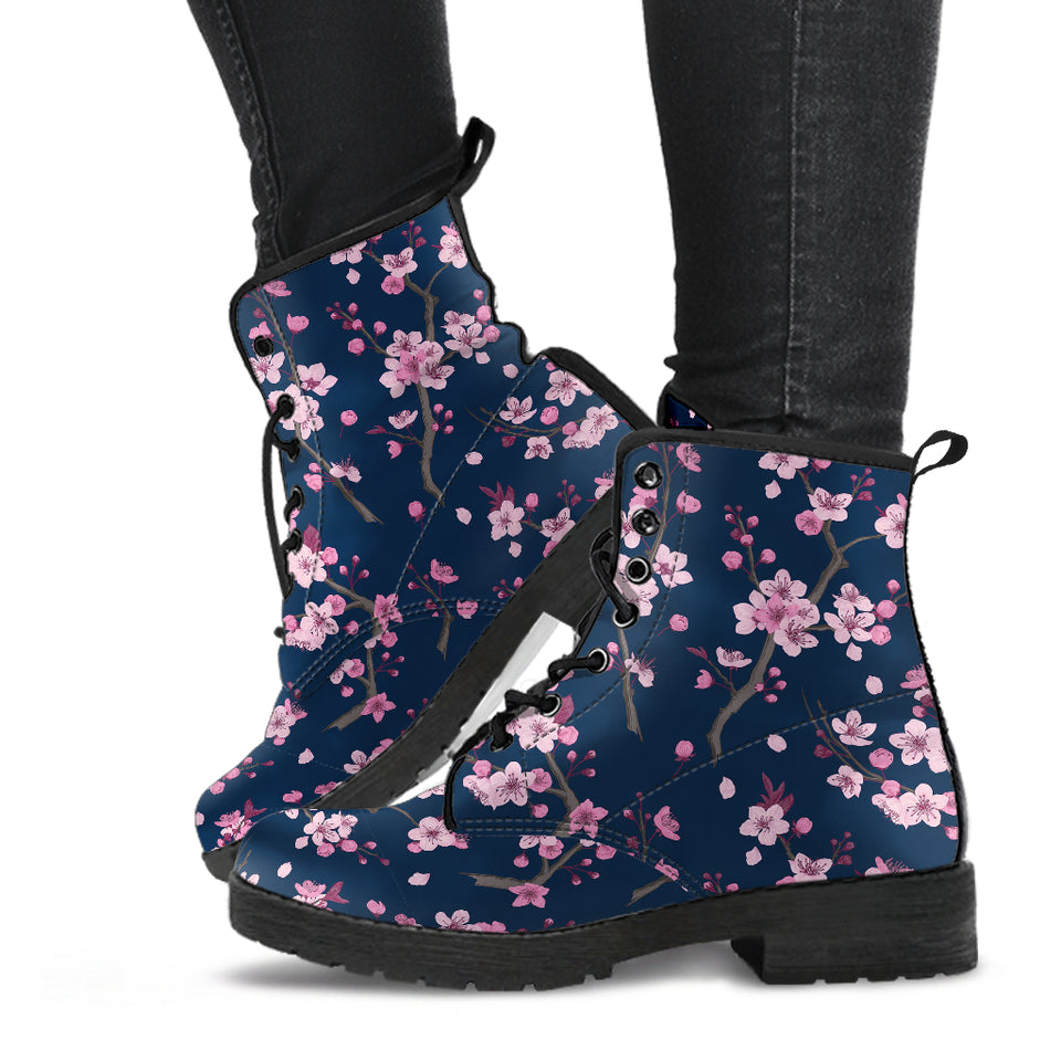 Pink Sakura Cherry Blossom Blue Background Leather Boots