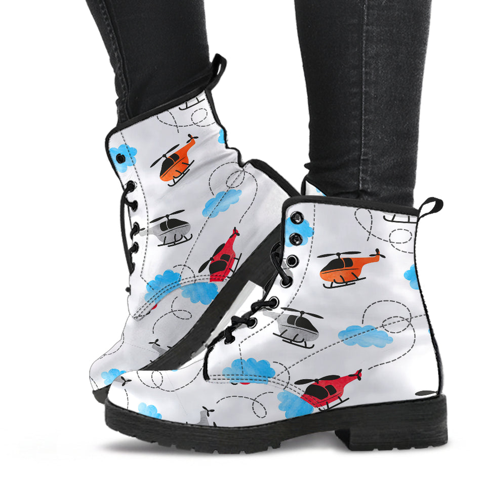 Watercolor Helicopter Cloud Pattern Leather Boots