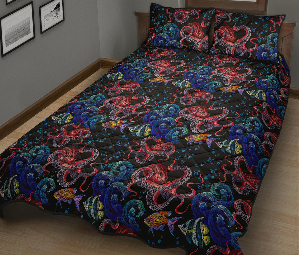 Octopus sea wave tropical fishe pattern Quilt Bed Set