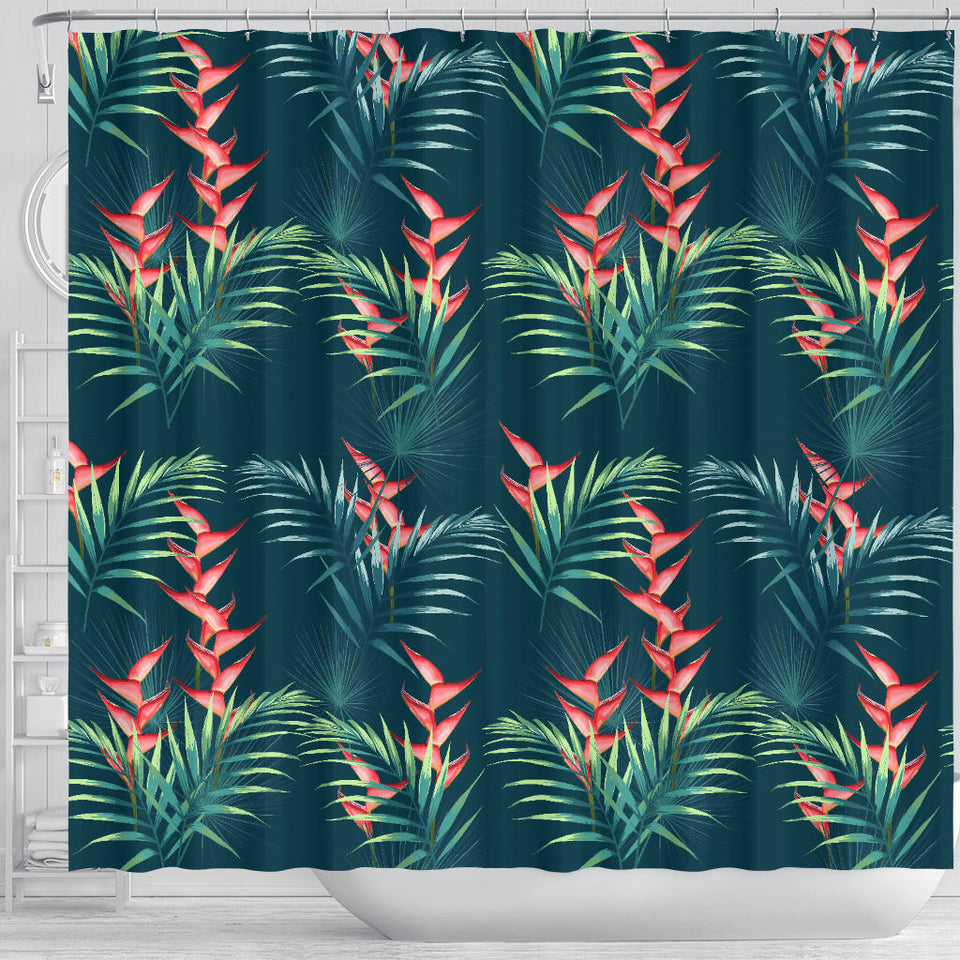 Heliconia Flowers, Palm And Monstera Leaves On Black Background Pattern Shower Curtain Fulfilled In US