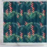Heliconia Flowers, Palm And Monstera Leaves On Black Background Pattern Shower Curtain Fulfilled In US