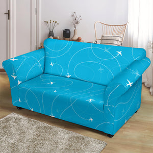 Airplane Destinations Blue Background Loveseat Couch Slipcover