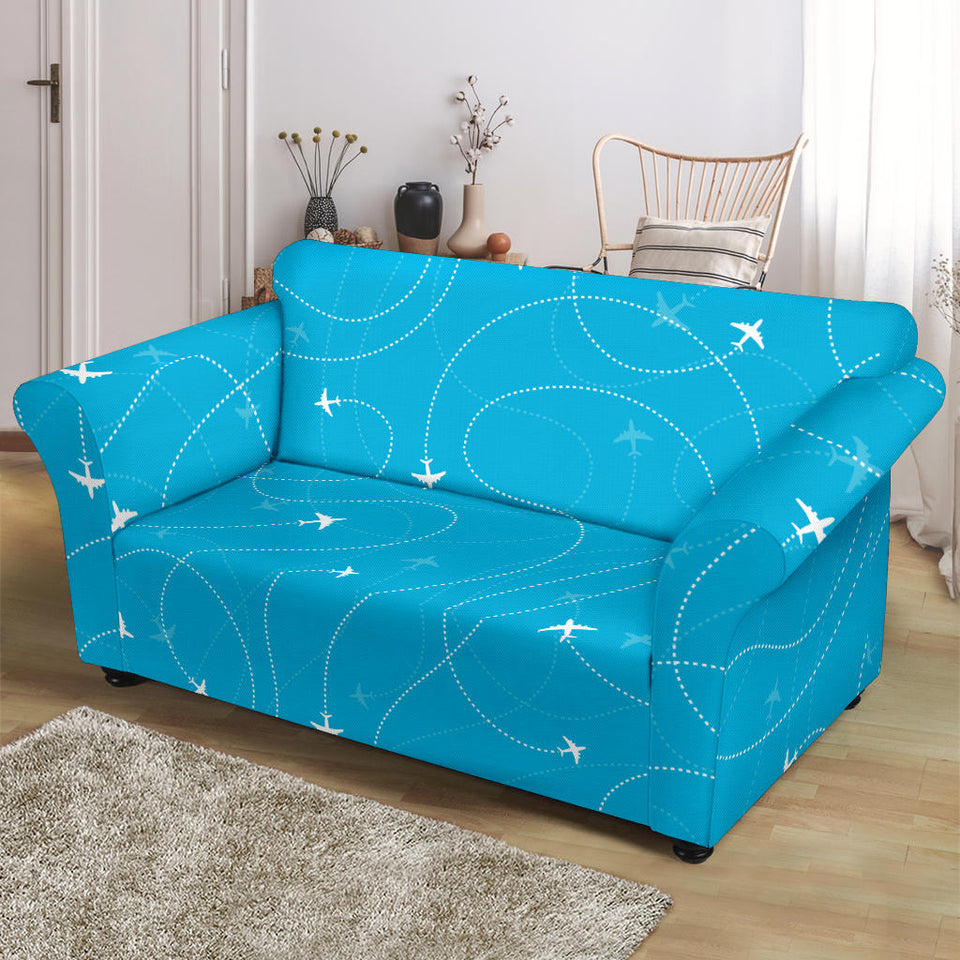 Airplane Destinations Blue Background Loveseat Couch Slipcover