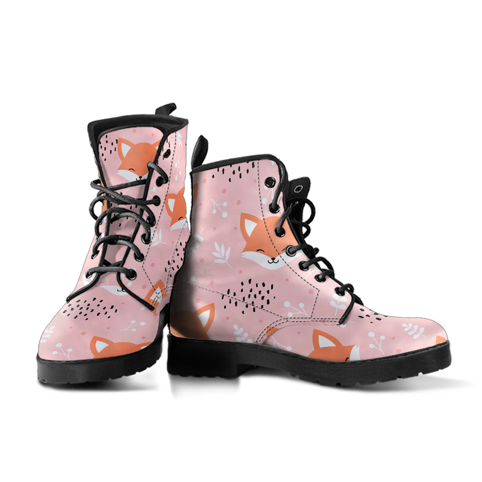 Cute Fox Pattern Pink Background Leather Boots