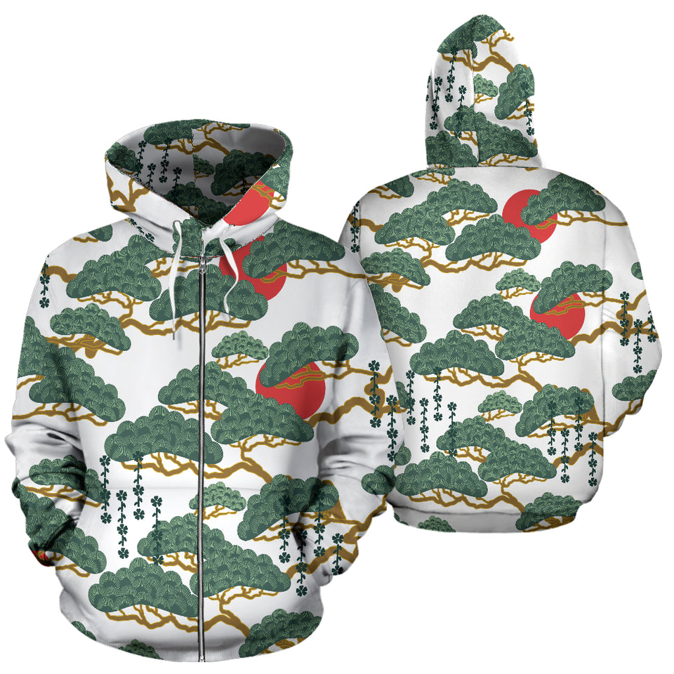 Bonsai Red Sun Japanese Pattern Zip Up Hoodie