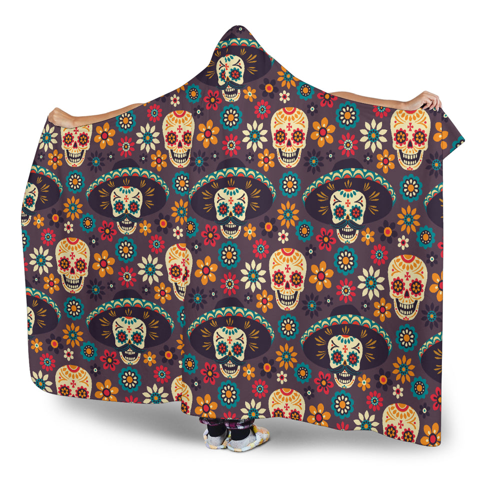 Sugar Skulls Flower Maxican Pattern Hooded Blanket