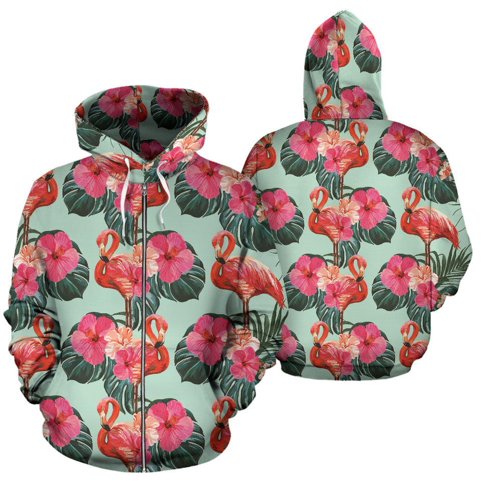 Beautiful Flamingo Tropical Palm Leaves Hibiscus Pateern Background Zip Up Hoodie