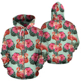 Beautiful Flamingo Tropical Palm Leaves Hibiscus Pateern Background Zip Up Hoodie