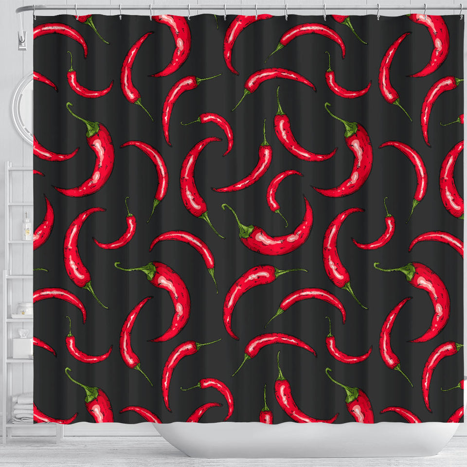 Chili Peppers Pattern Black Background Shower Curtain Fulfilled In US
