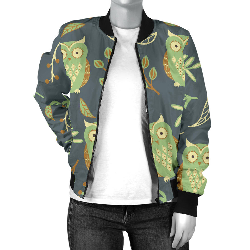Cute Owls Leaves Pattern Women'S Bomber Jacket