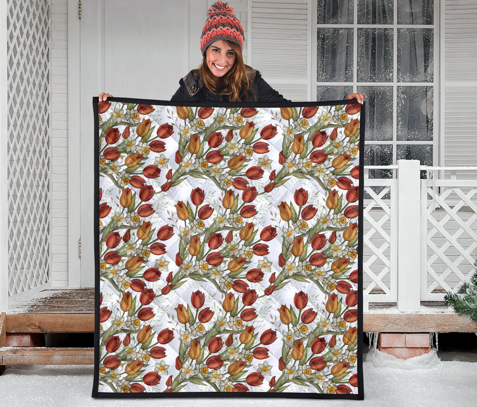Red Tulips And Daffodils Pattern Premium Quilt