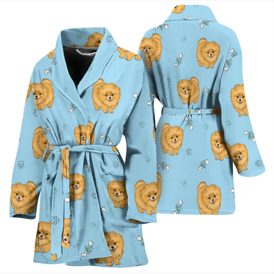 Brown Cute Pomeranian Blue Blackground Women'S Bathrobe
