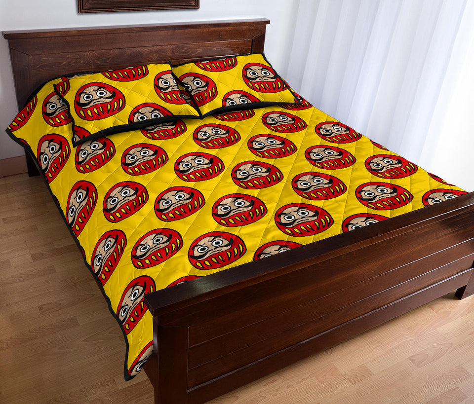Daruma japanese wooden doll yellow background Quilt Bed Set