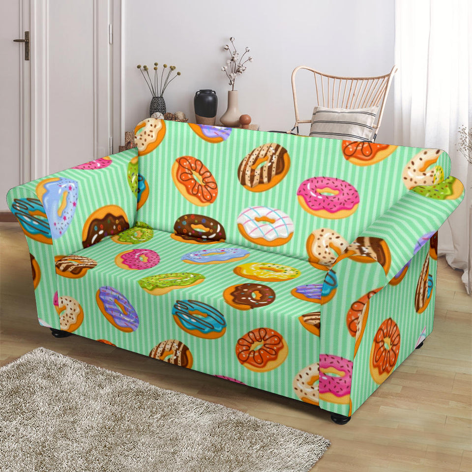 Colorful Donut Pattern Green Background Loveseat Couch Slipcover