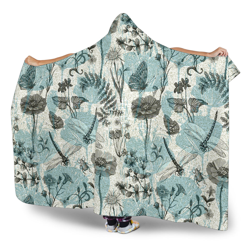 Dragonfly Butterfly Plants Insect Flower Vintage Style Pattern Hooded Blanket