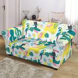 Cute Parrot Toucan Flamingo Cactus Exotic Leaves Pattern Loveseat Couch Slipcover