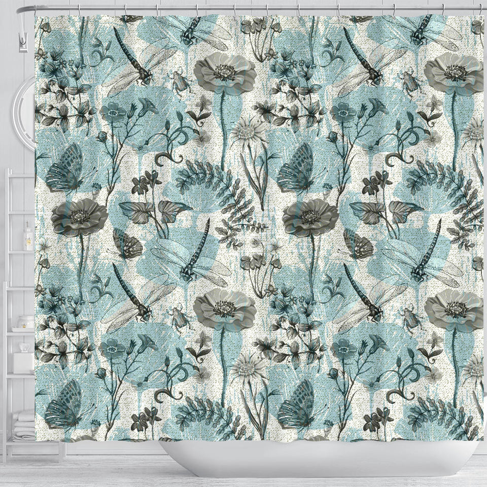 Dragonfly Butterfly Plants Insect Flower Vintage Style Pattern Shower Curtain Fulfilled In US