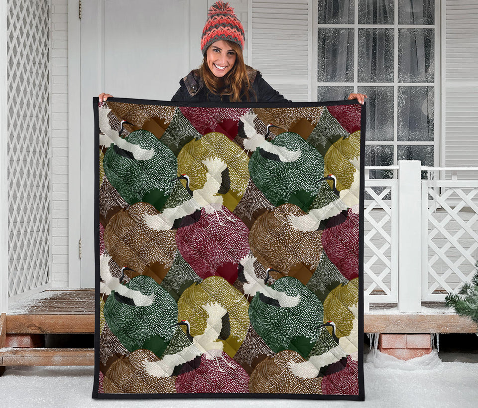 Japanese Cranes Flying Forest Dot Pattern Premium Quilt