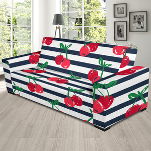Hand Drawn Cherry Pattern Striped Background Sofa Slipcover