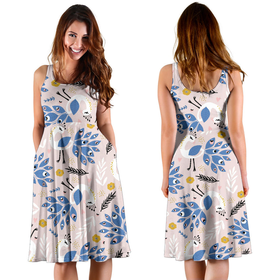 Cute Peacock Pattern Sleeveless Midi Dress
