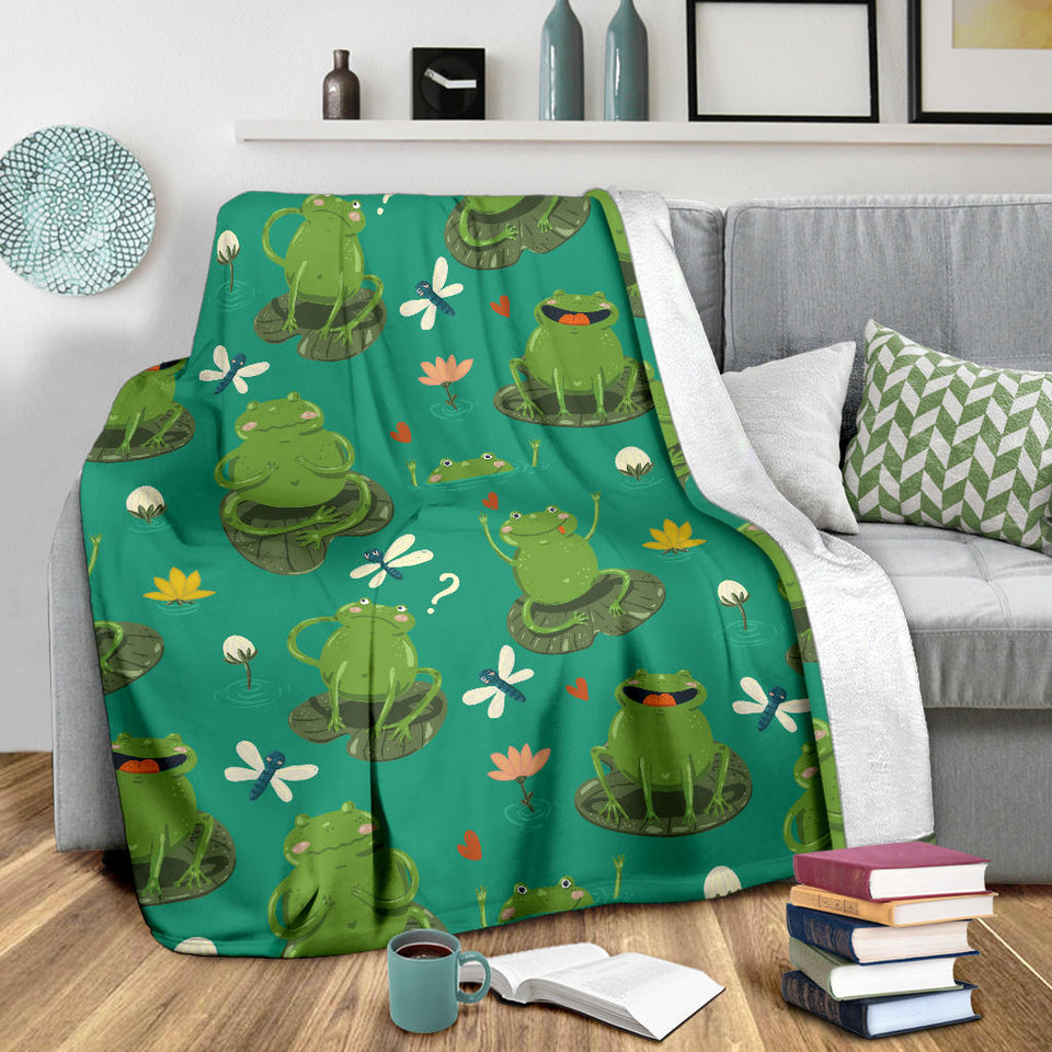 Cute Frog Dragonfly Design Pattern Premium Blanket