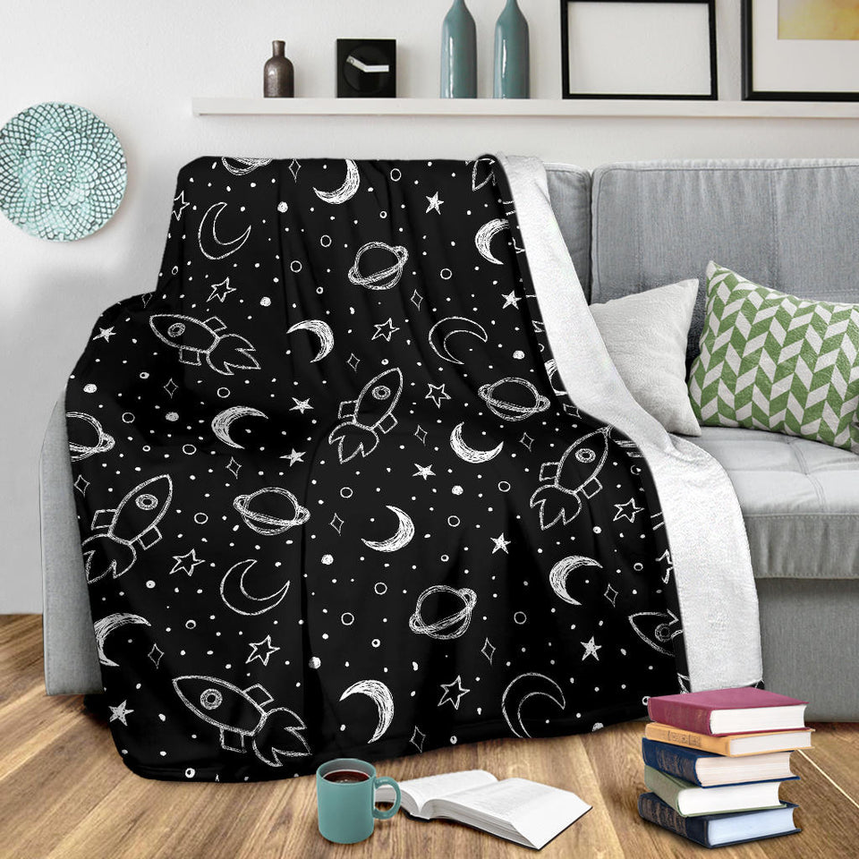 Hand Drawn Space Rocket Star Planet Premium Blanket