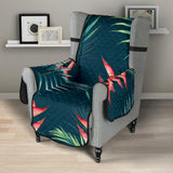 heliconia flowers, palm and monstera leaves on black background pattern Chair Cover Protector