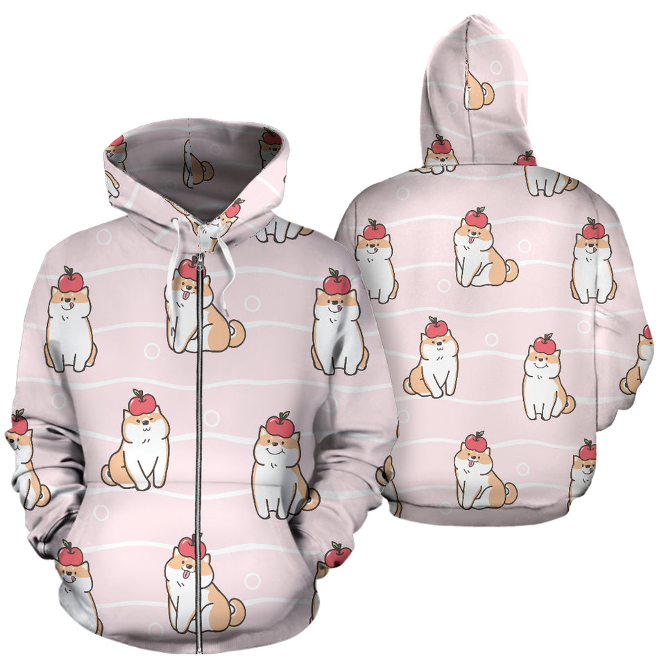 Cute Shiba Inu Dog Apple Pattern Zip Up Hoodie