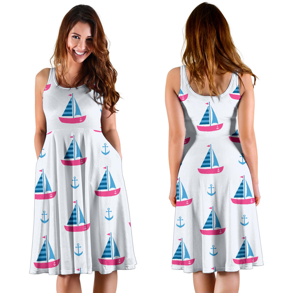 Sailboat Anchor Pattern Sleeveless Midi Dress