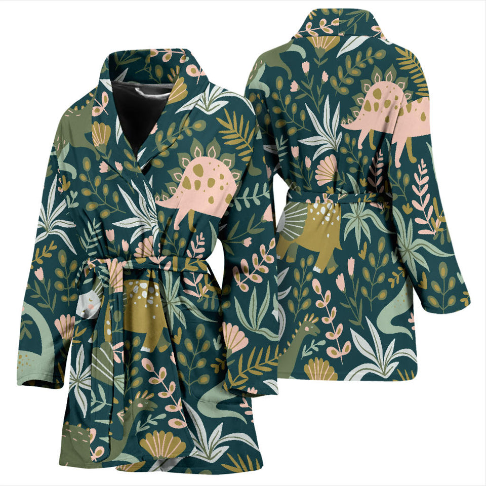 Dinosaurs Tropical Leaves Flower Pattern Women'S Bathrobe