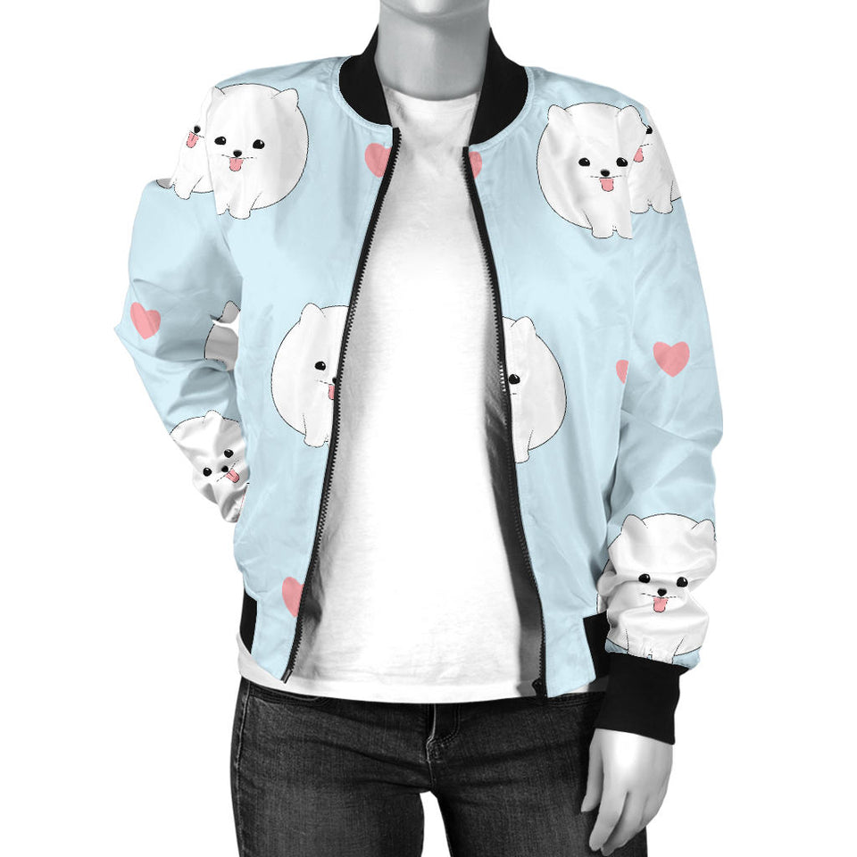 White Cute Pomeranian Pattern Women'S Bomber Jacket