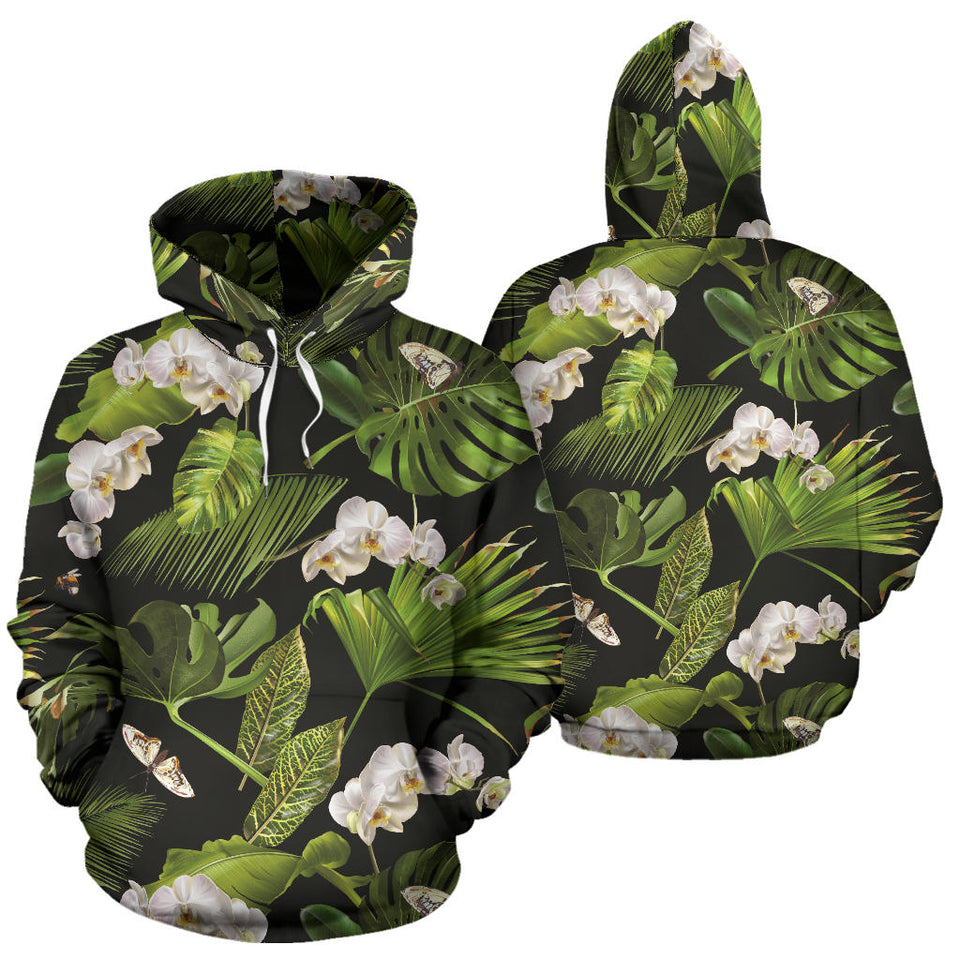 White Orchid Flower Tropical Leaves Pattern Blackground Men Women Pullover Hoodie