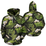 White Orchid Flower Tropical Leaves Pattern Blackground Men Women Pullover Hoodie