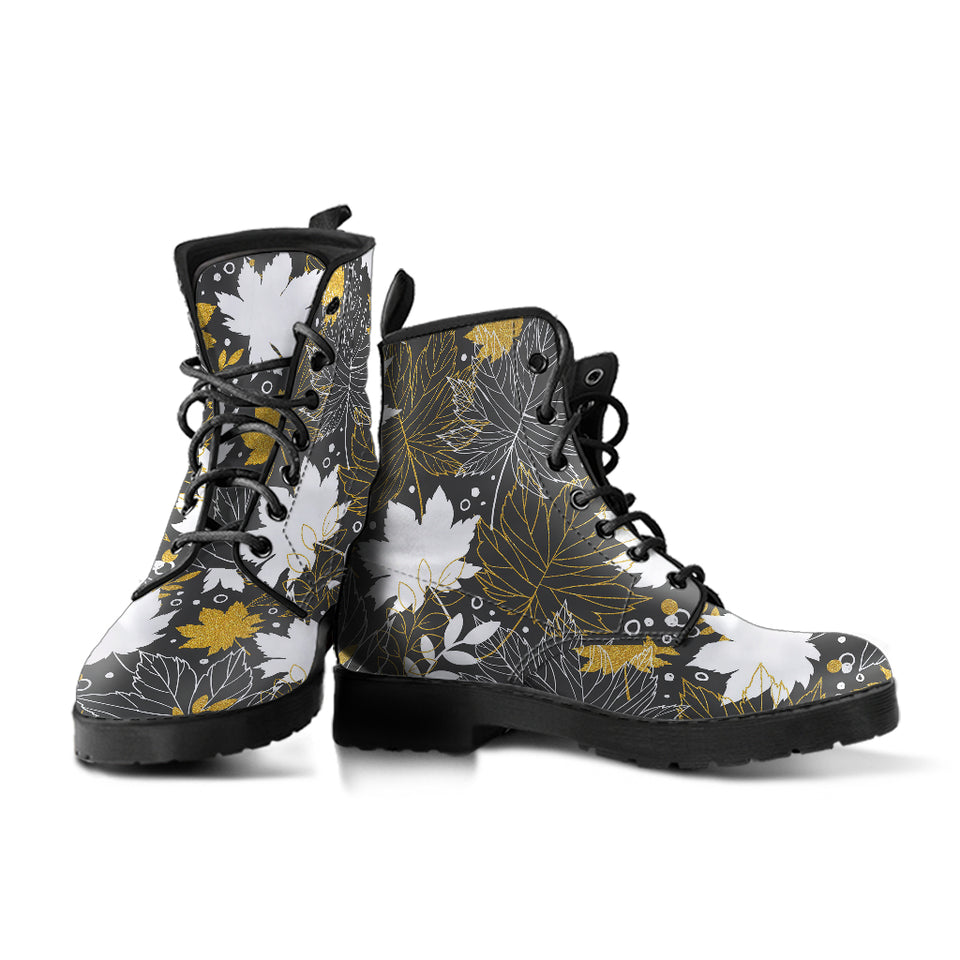Beautiful Gold Autumn Maple Leaf Pattern Leather Boots
