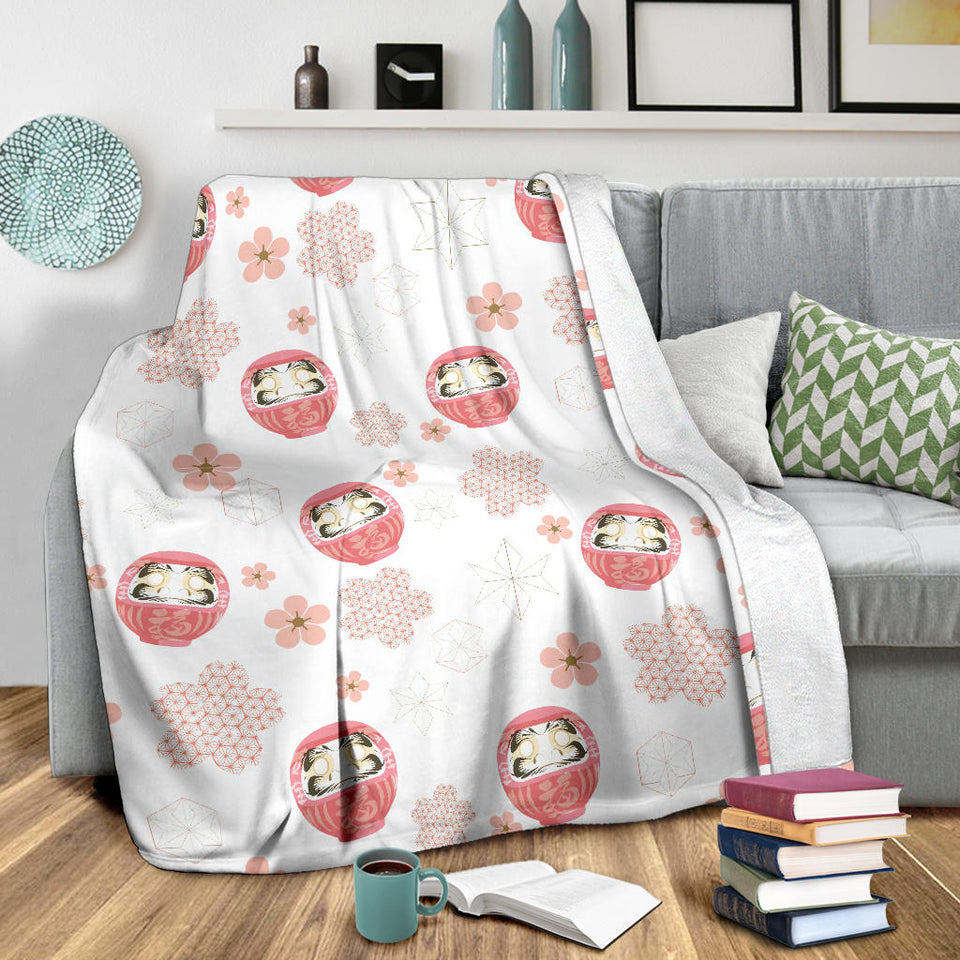 Daruma Japanese Wooden Doll Cherry Blossom Flower Pattern Premium Blanket